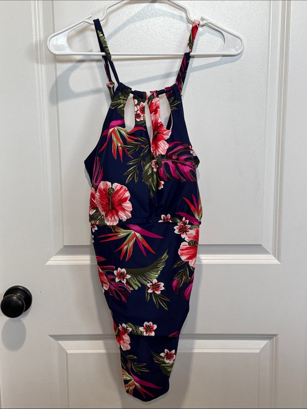 Kona Sol Navy Floral Halter One-Piece Swimsuit with Pink and Red Hibiscus